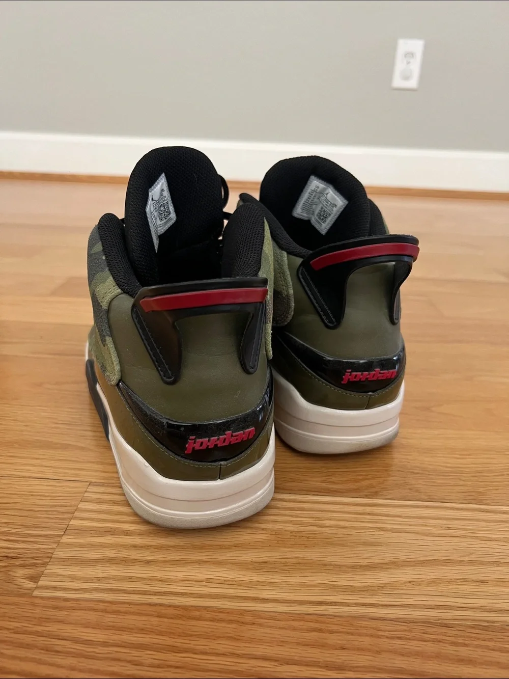 Jordan Camouflage Basketball Shoes in Olive Green and Black with Red Accents